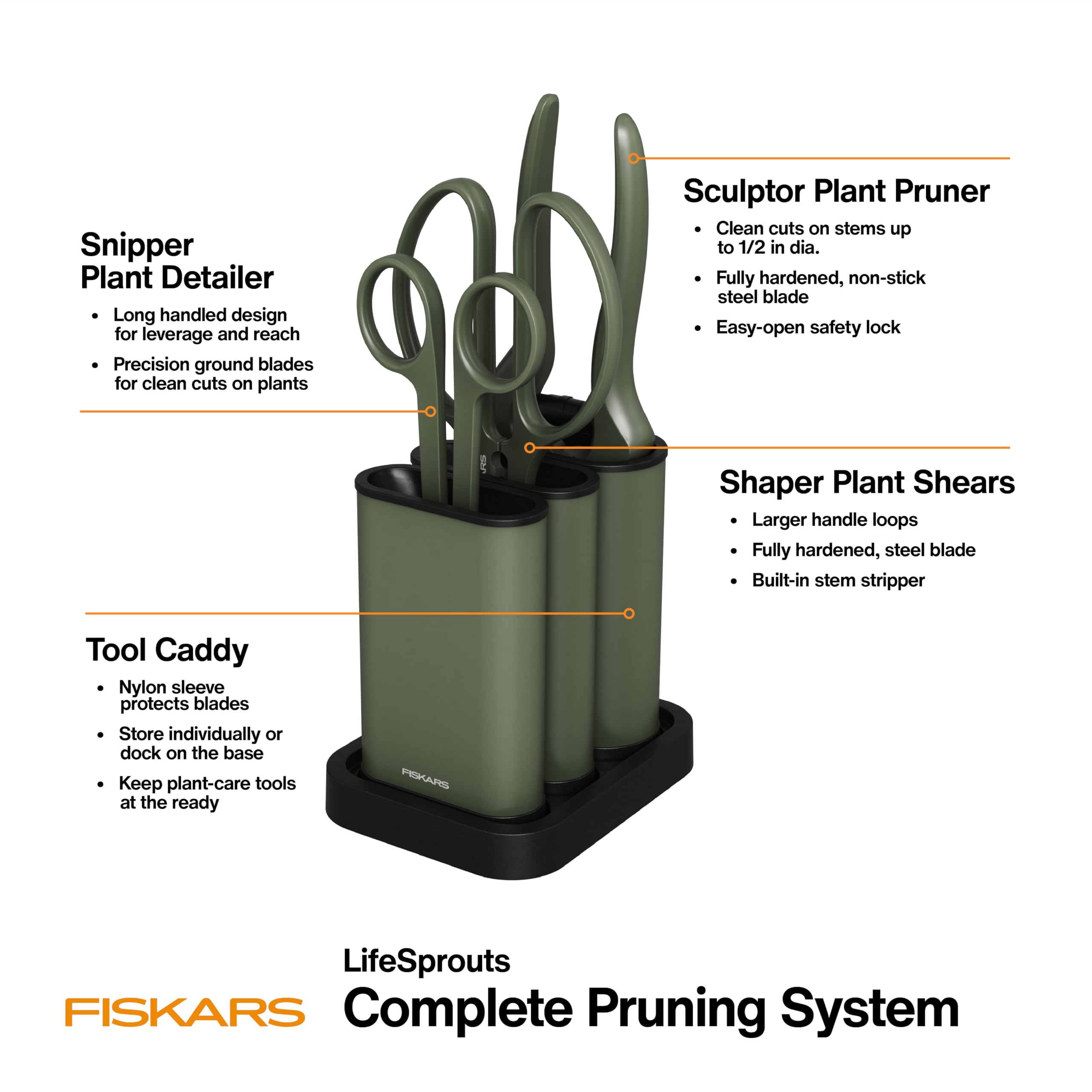 Fiskars sculptor pruner with bypass blade for smooth branch pruning.