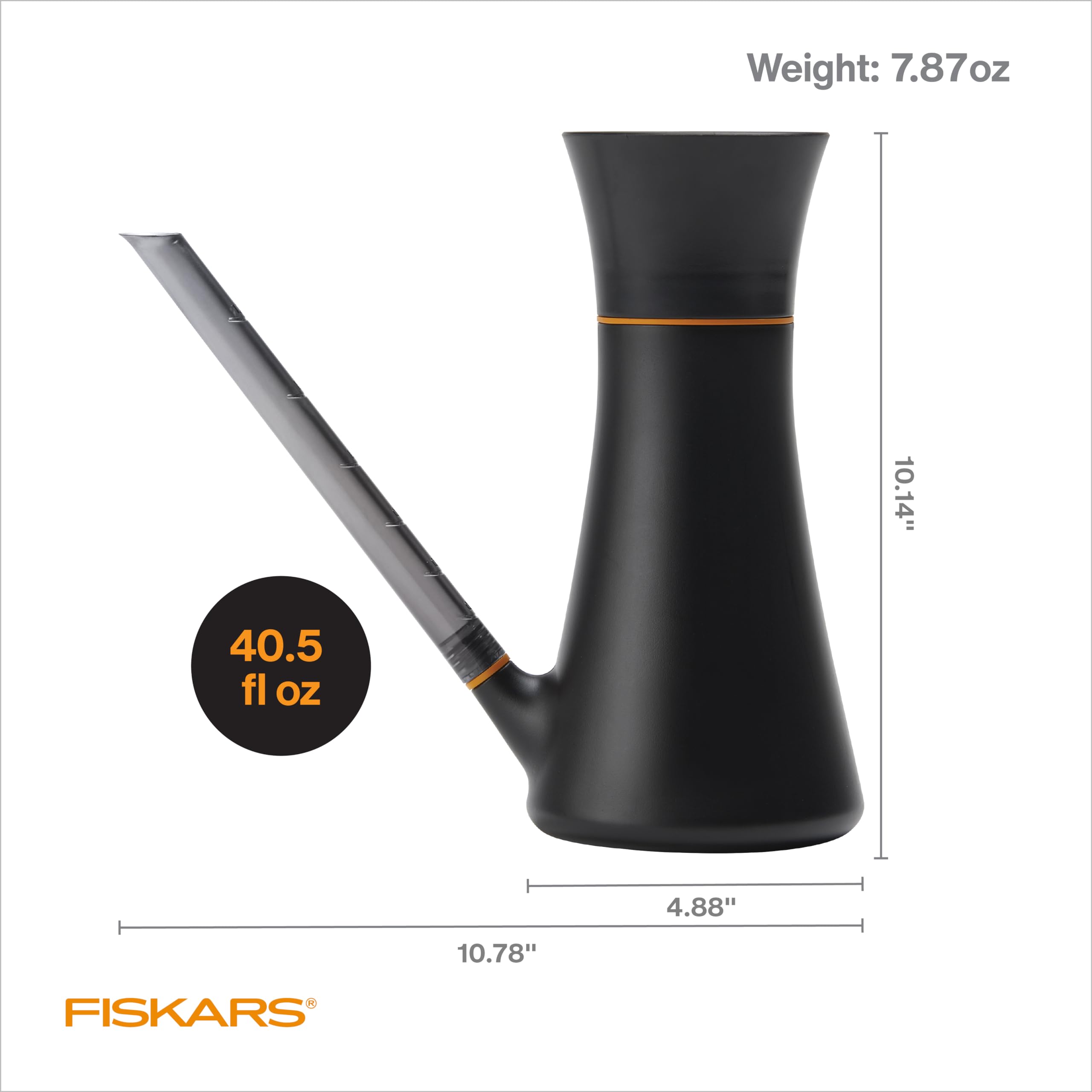 Fiskars watering can enabling precision watering at the base of potted plants.