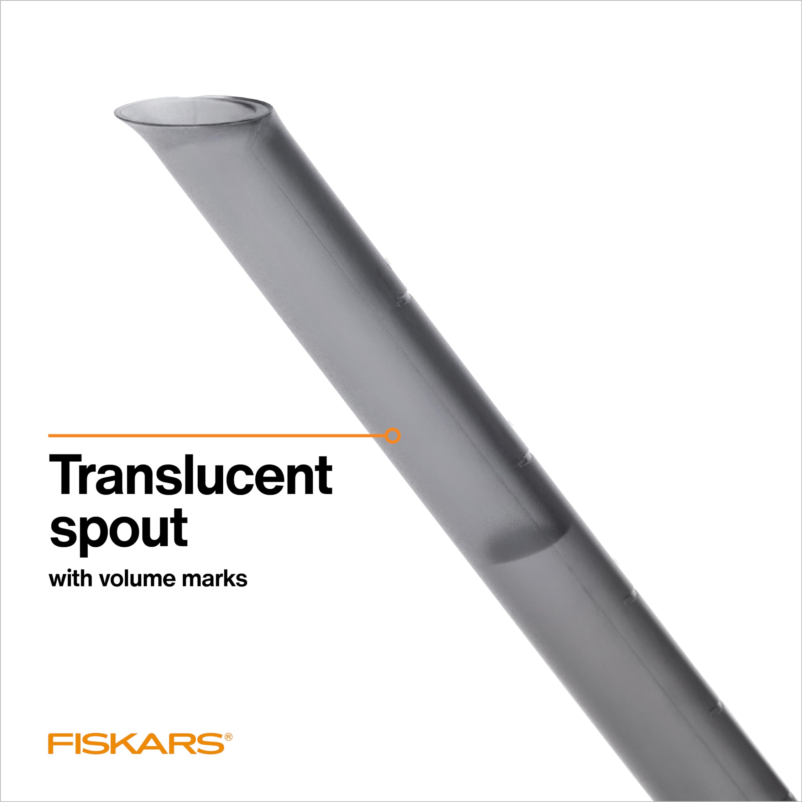 Fiskars can showing translucent spout with volume markings for accurate watering.