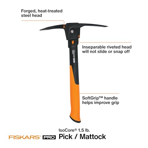 Fiskars IsoCore pick mattock with shock-control system reduces vibration for longer comfort