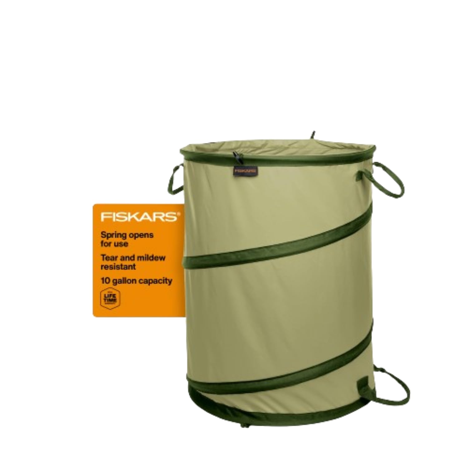 Fiskars Kangaroo bag open to collect weeds and clippings for yard care
