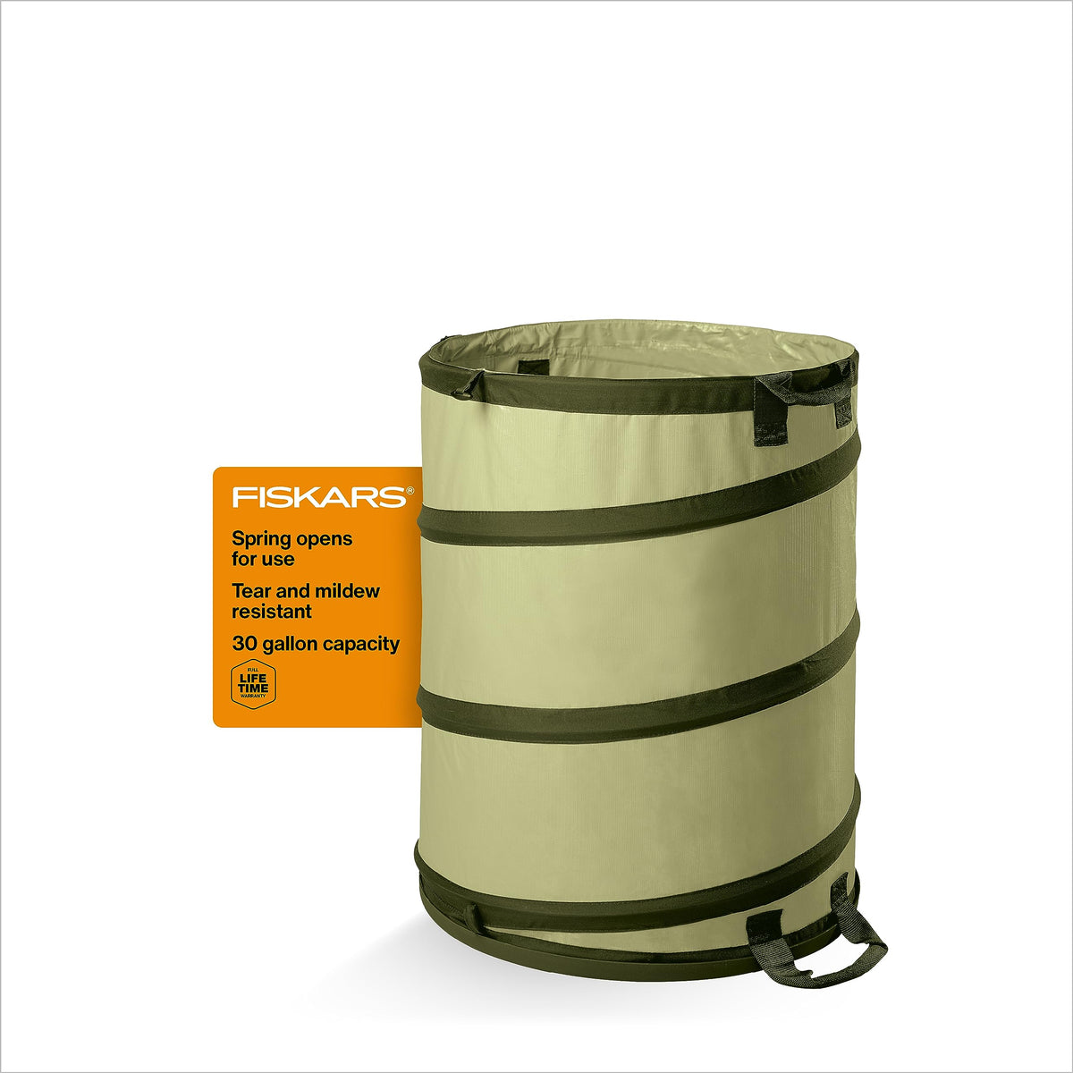 Fiskars Kangaroo bag with hardshell bottom for durable yard waste collection.