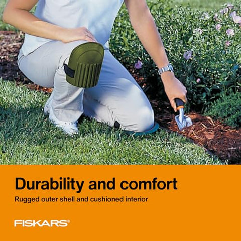 Fiskars knee pads show soft foam cushion for comfortable kneeling during tasks.