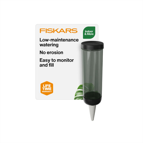 Fiskars LifeWell watering spike with visible reservoir for easy monitoring.