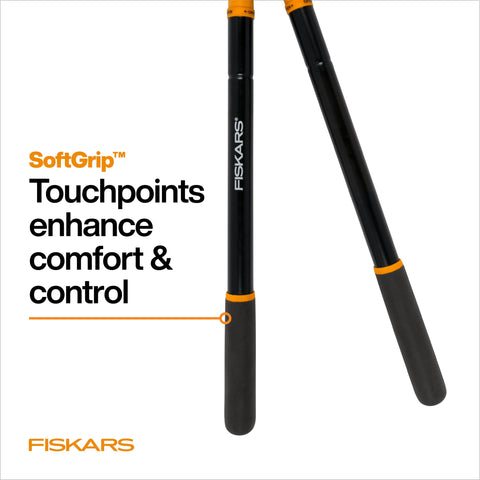 Fiskars loppers long-reach design helps reach difficult canopy areas.