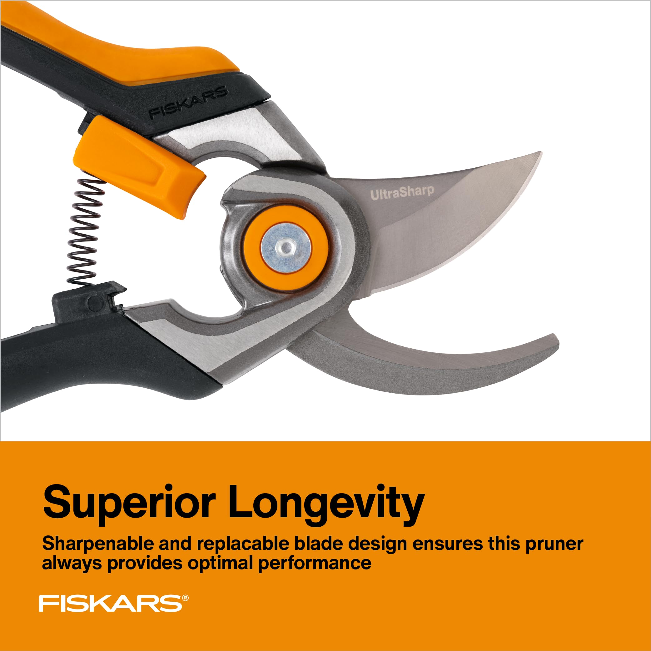 Fiskars pruning tool features low-friction coating for rust resistance and easy gliding cuts.