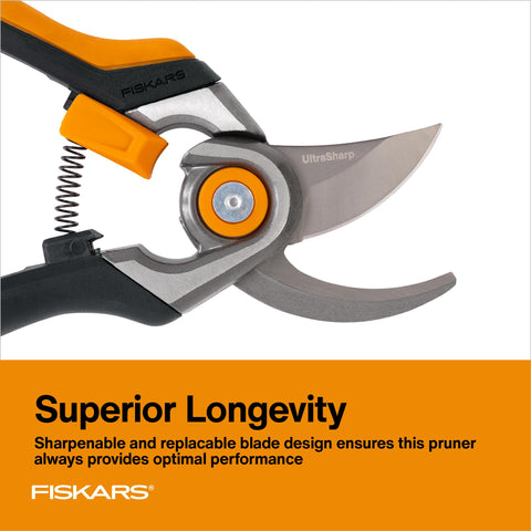 Fiskars pruning tool features low-friction coating for rust resistance and easy gliding cuts.