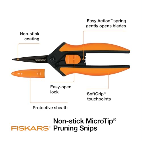 Fiskars Micro-Tip pruning snips SoftGrip handle shown for comfortable control