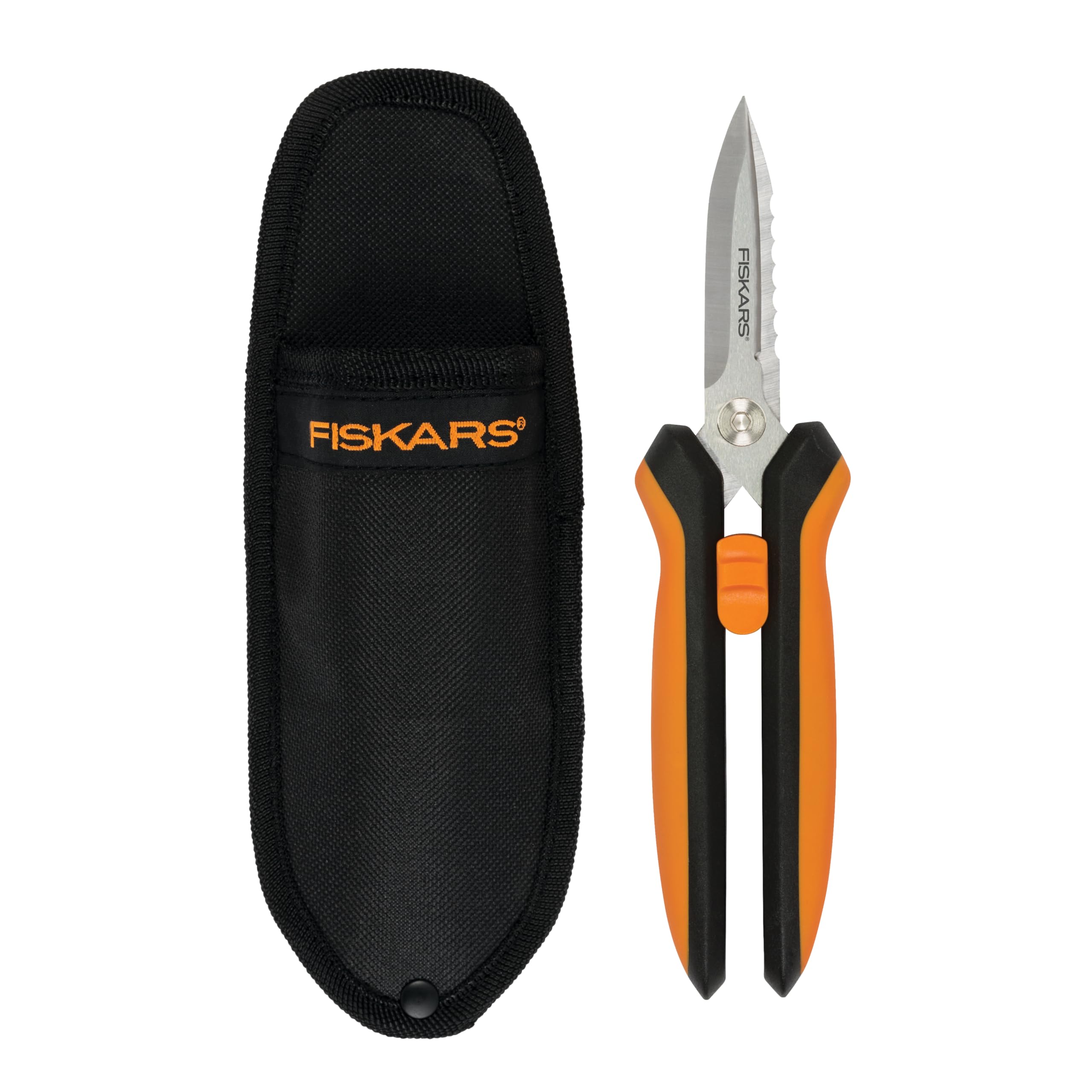 Fiskars multipurpose garden snips with sheath for easy access and storage.