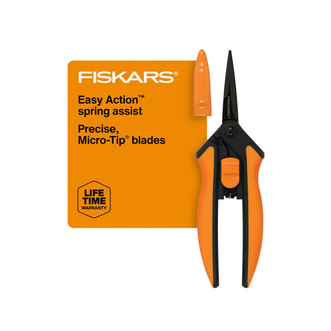 Fiskars nonstick micro-tip pruning snips for clean cuts in tight spaces.
