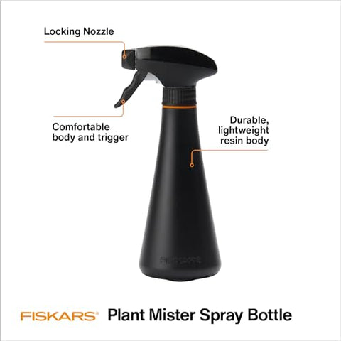 Fiskars Plant Mister Bottle shows locking nozzle for secure, controlled spraying on delicate plants.