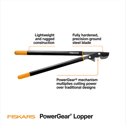 Fiskars PowerGear bypass lopper cutting 2-inch branches with ease.