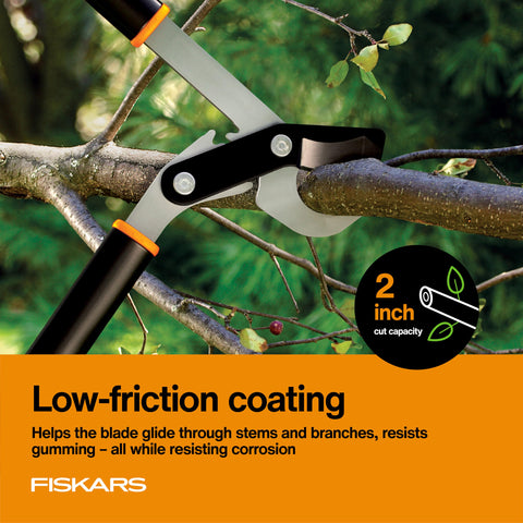 Fiskars PowerGear bypass lopper with hardened blade for durability.
