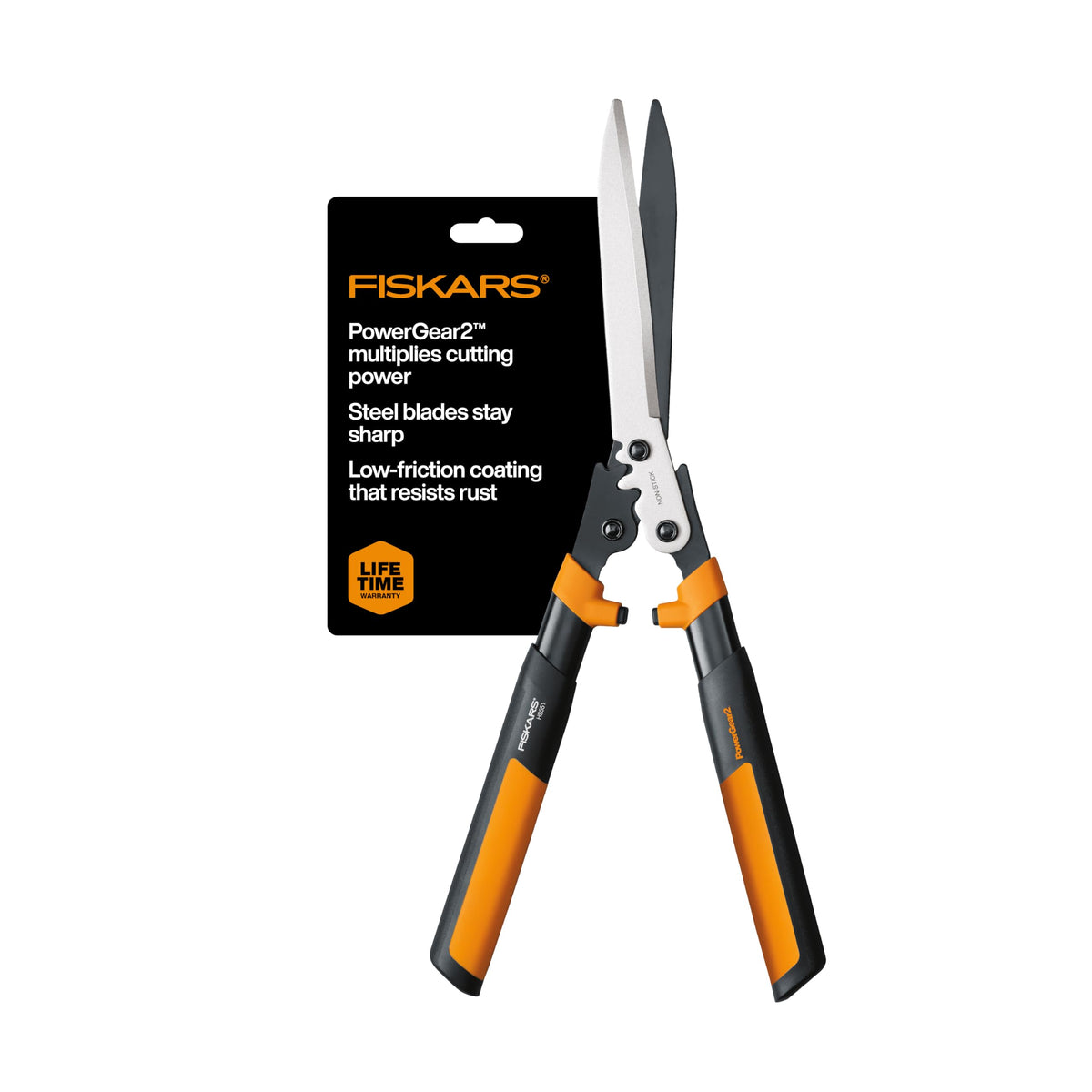 Fiskars PowerGear2 hedge shears blade close-up for precision cuts