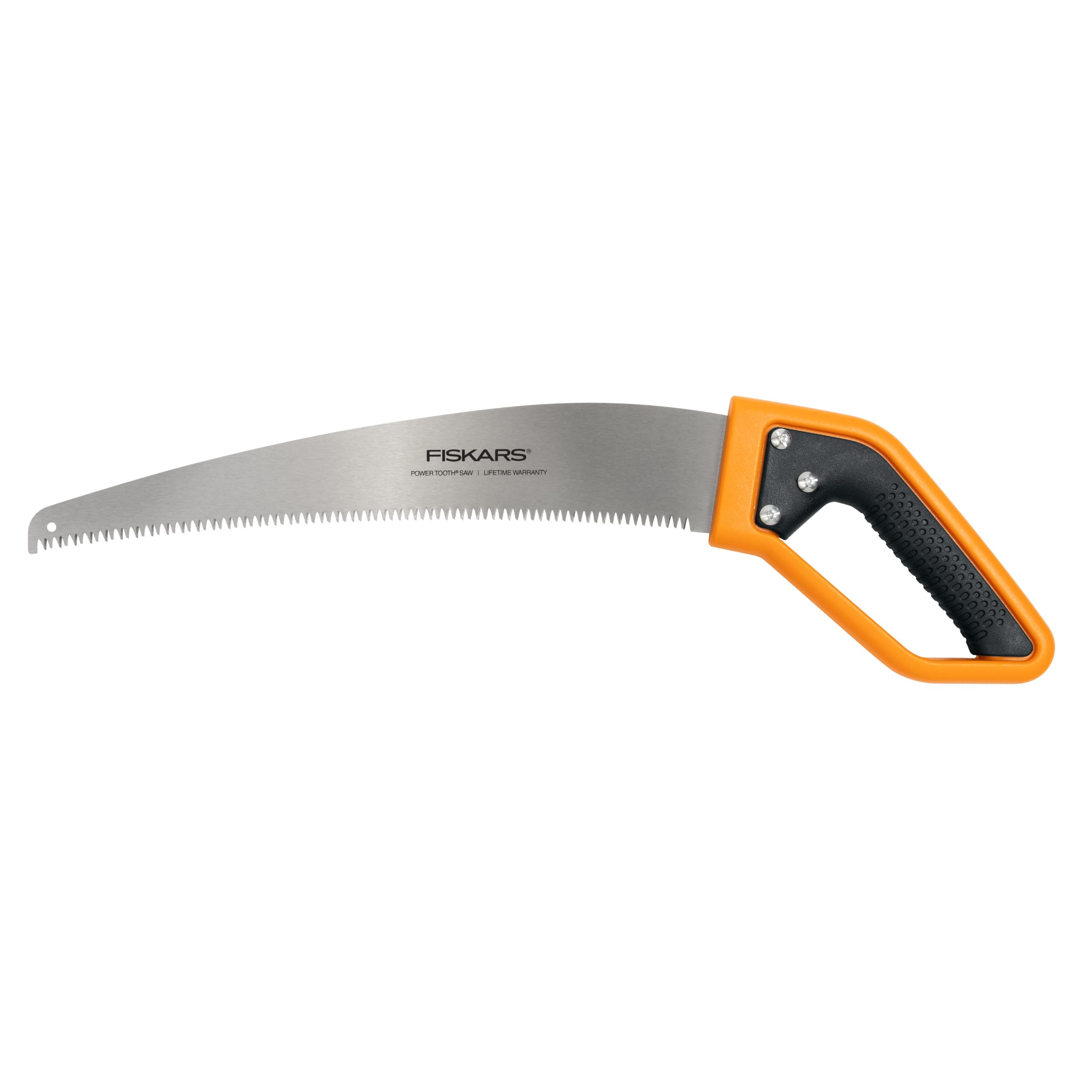 Fiskars PowerTooth D-Handle Saw blade closeup with razor-sharp teeth for fast cuts.
