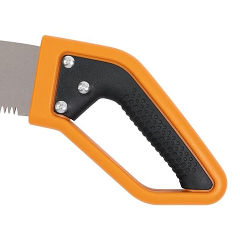 Fiskars PowerTooth D-Handle Saw in action cutting thick branches safely.