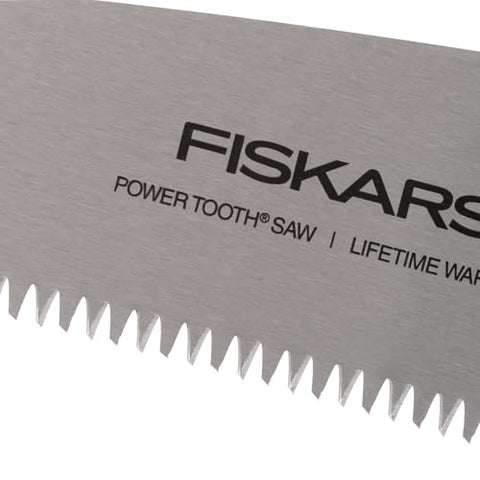 Fiskars PowerTooth D-Handle Saw demonstrates ergonomic D-handle for precise control.