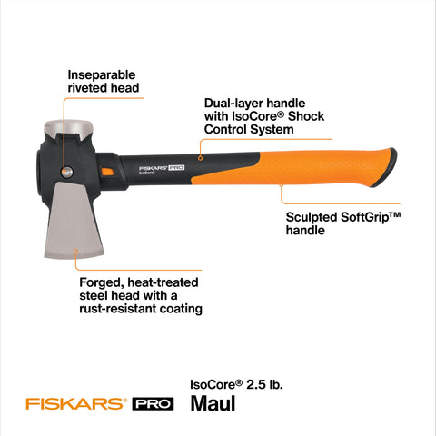 Fiskars Pro IsoCore Maul driving face enables efficient two-way wood splitting