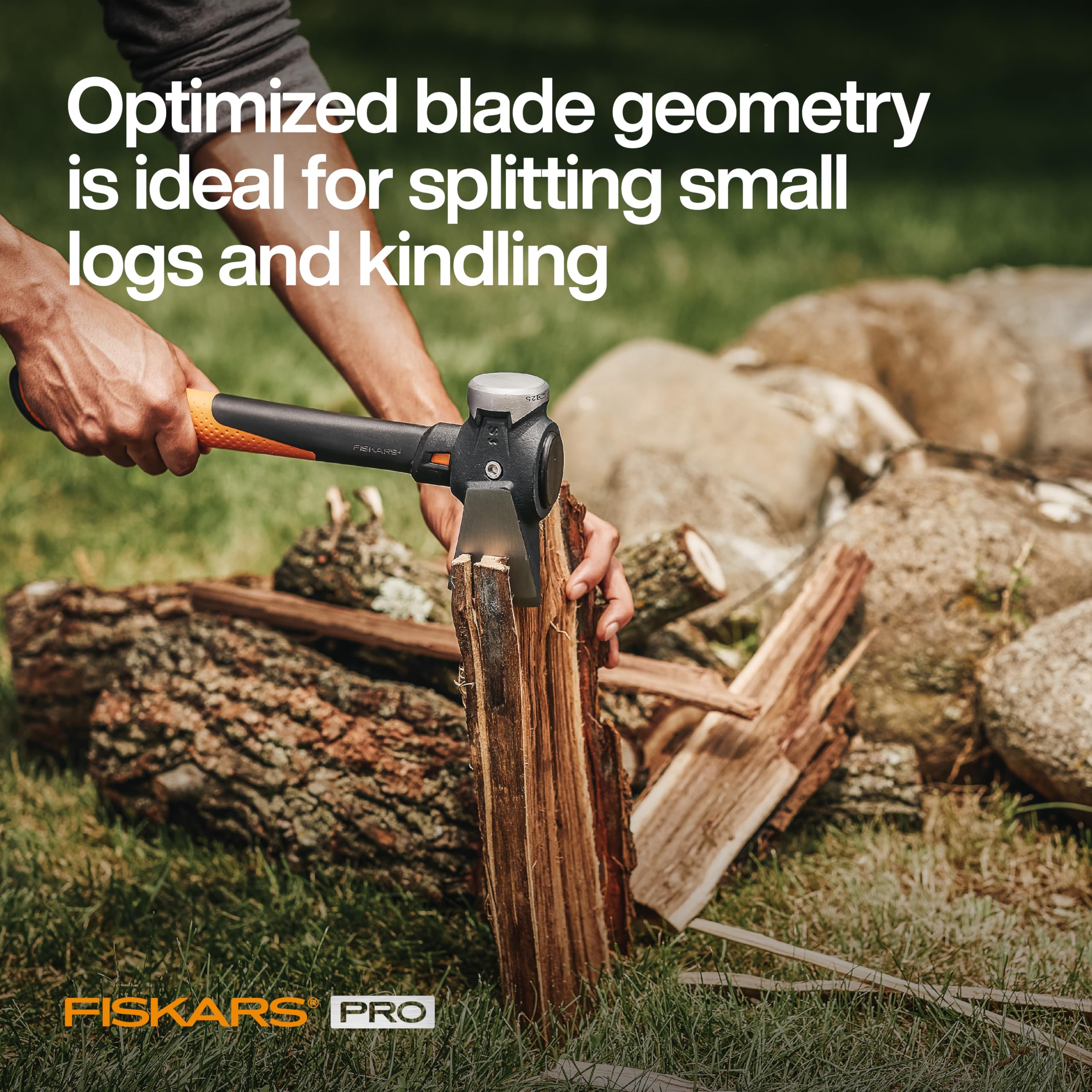 Fiskars Pro IsoCore Maul kindling and small logs ready for the fire pit