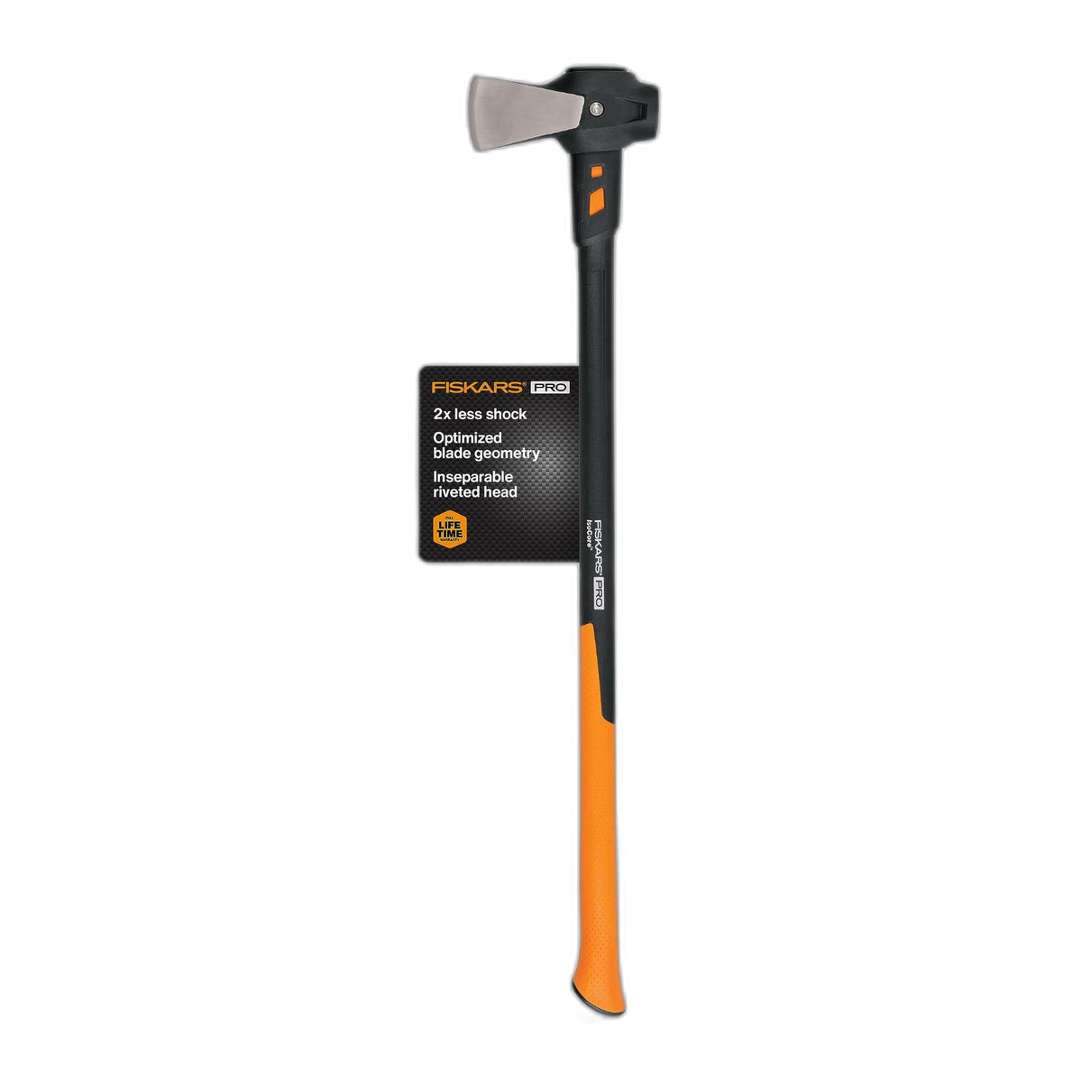 Fiskars Pro IsoCore 6 lb maul blade close-up showing forged steel head for tough logs.
