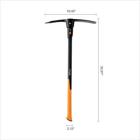 Fiskars Pro IsoCore dual-ended pickaxe and hoe with a hoe head for cultivating