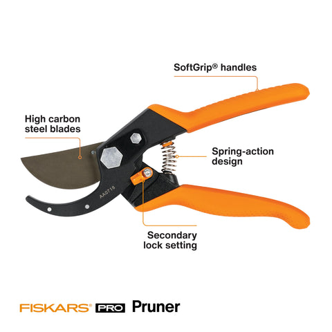 Fiskars Pro Pruner cast-aluminum handle provides durable, everyday pruning reliability.