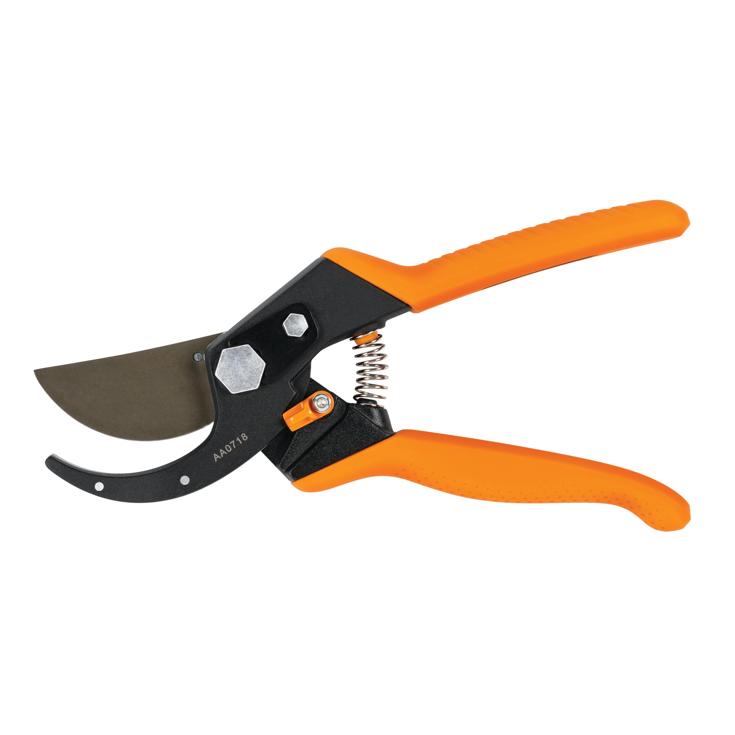 Fiskars Pro Pruner PowerArc blade close-up highlights smoother cuts through stems.