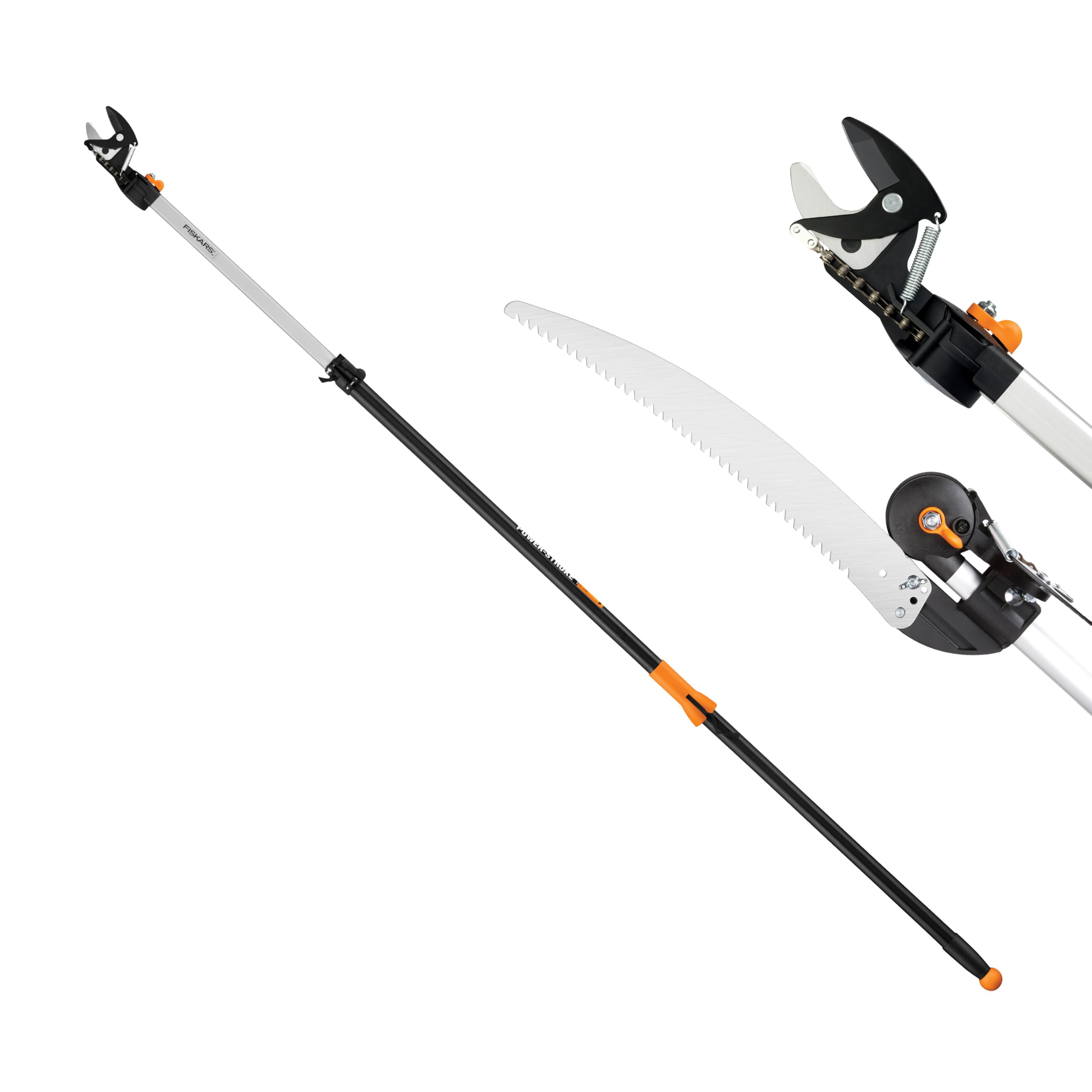 Fiskars extendable pruner handle enables effortless reach to high limbs.