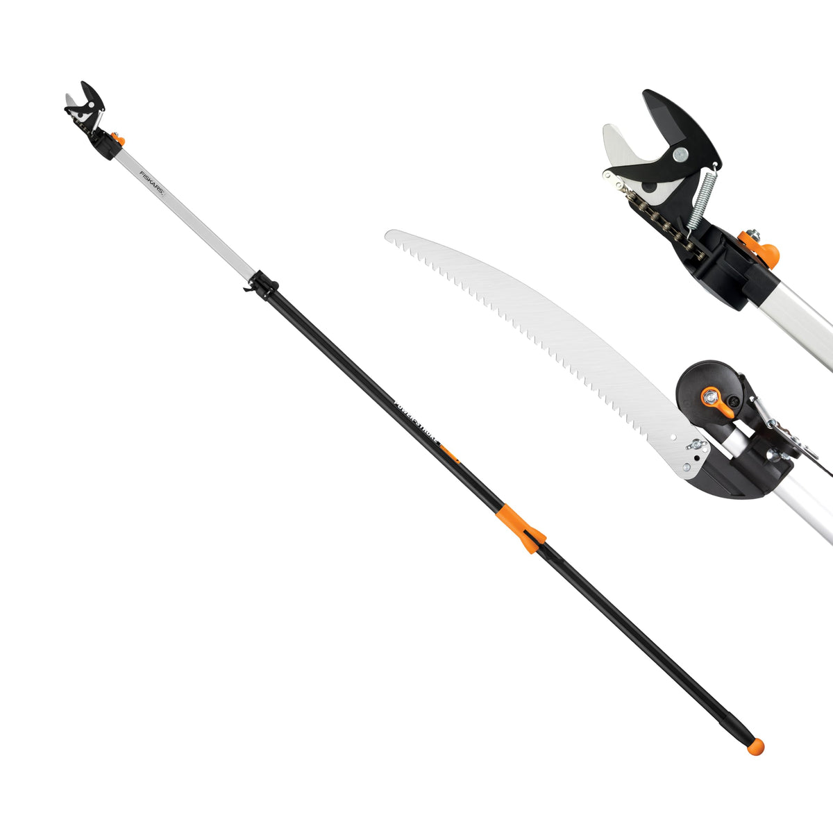 Fiskars extendable pruner handle enables effortless reach to high limbs.