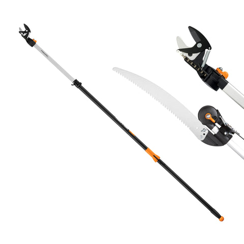 Fiskars extendable pruner handle enables effortless reach to high limbs.