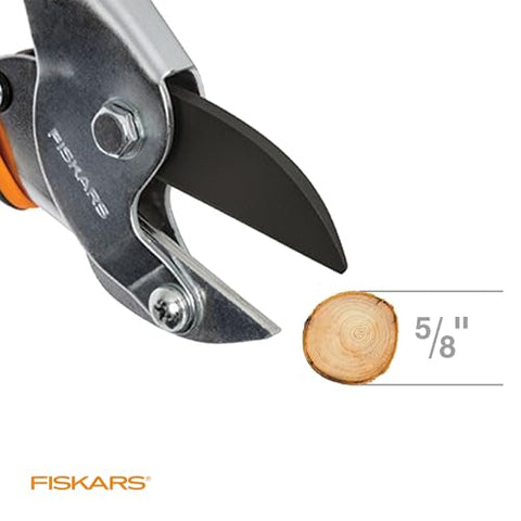 Fiskars pruner cutting a dead branch in a garden scene.