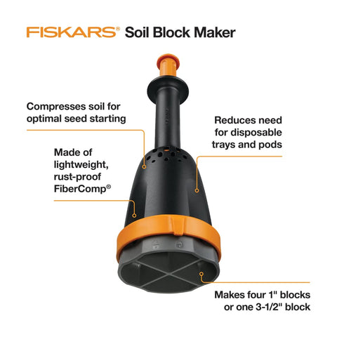 Fiskars Soil Block Maker forms four 1-inch blocks for smaller seedlings and efficient space use