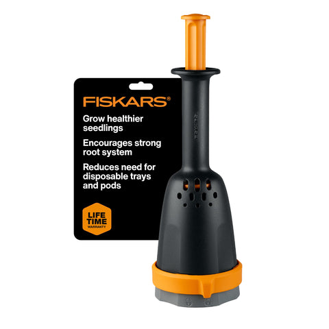 Fiskars Soil Block Maker creates a 3-inch block for larger seeds, promoting strong germination