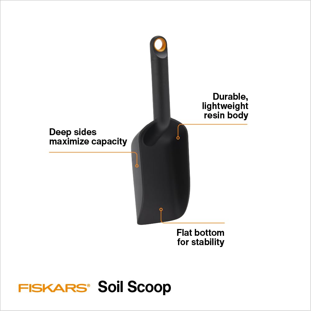 Fiskars soil scoop deep-sides prevent spills during soil transfer.
