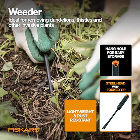 Fiskars rust-resistant steel trowel shines during garden tasks.