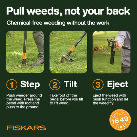 Fiskars three-claw head gripping weeds at the root for clean removal