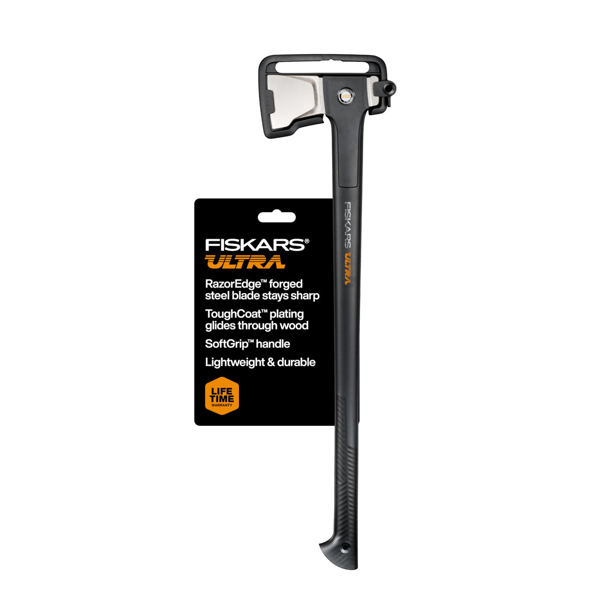 Fiskars Ultra Splitting Axe U32 blade close-up highlights RazorEdge for lasting sharpness.