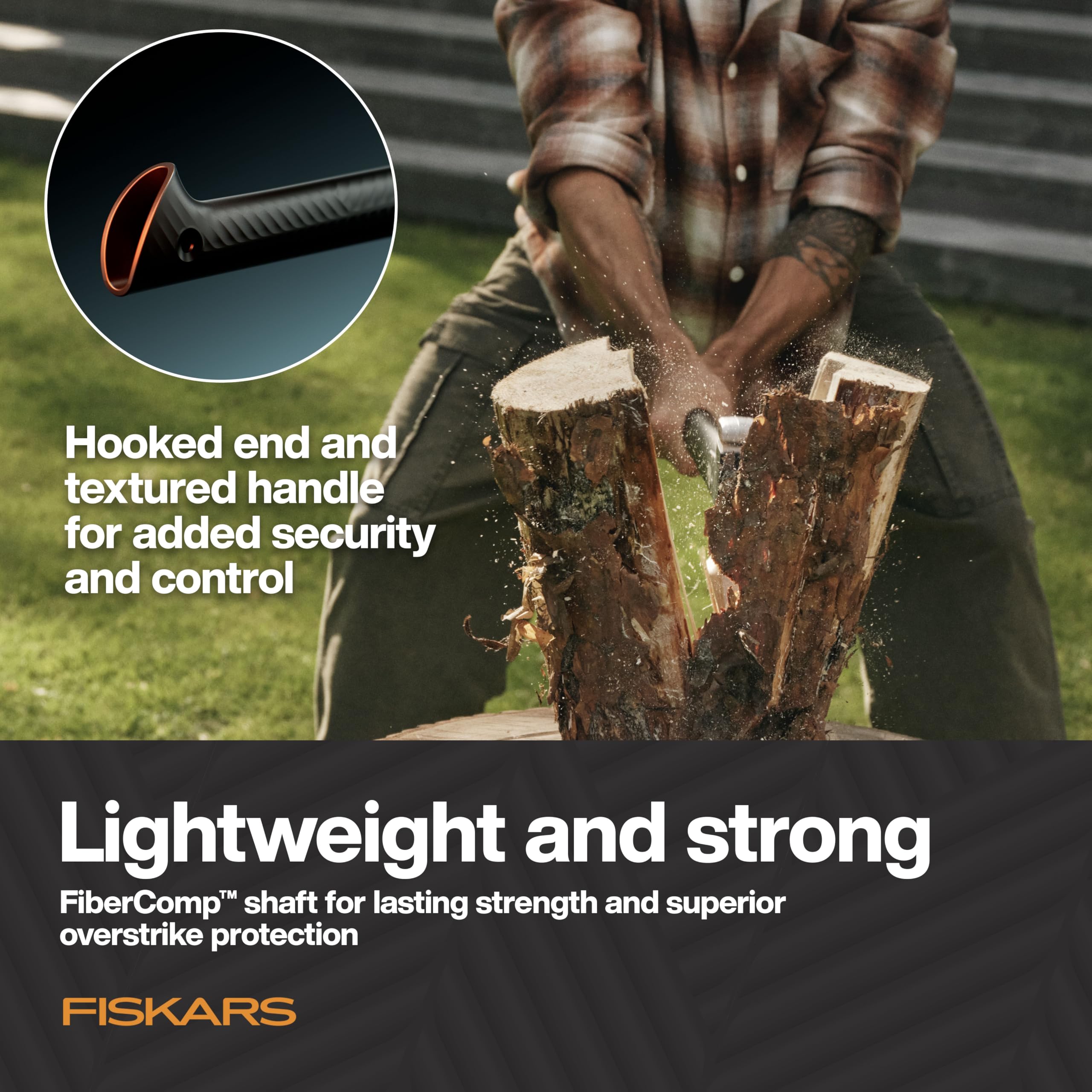 Fiskars Ultra Splitting Axe U32 softgrip handle offers secure, comfortable control.