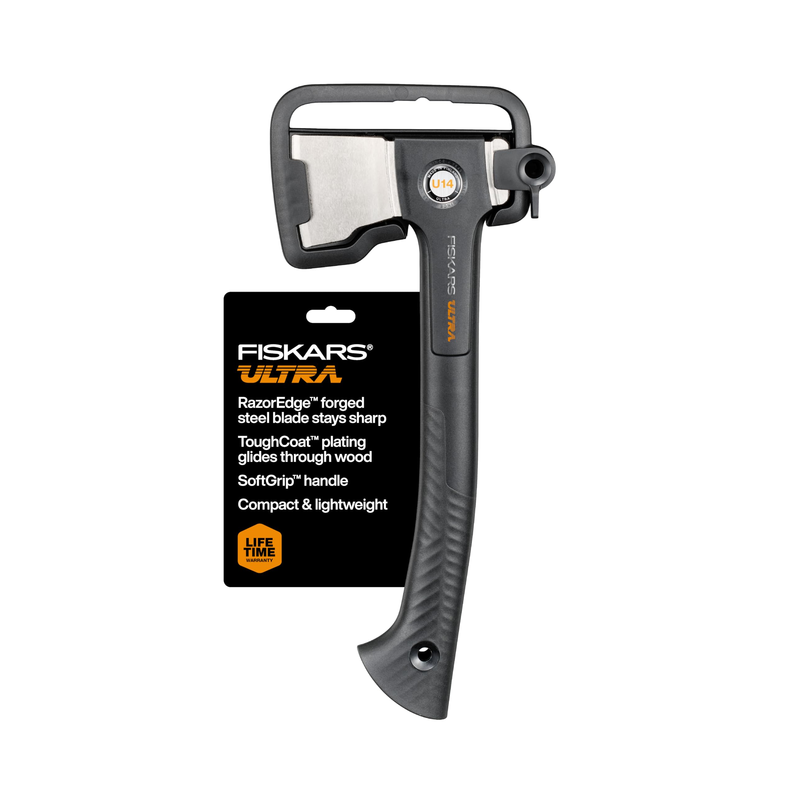 Fiskars Ultra Universal Axe U14 blade close-up shows RazorEdge for lasting sharpness.