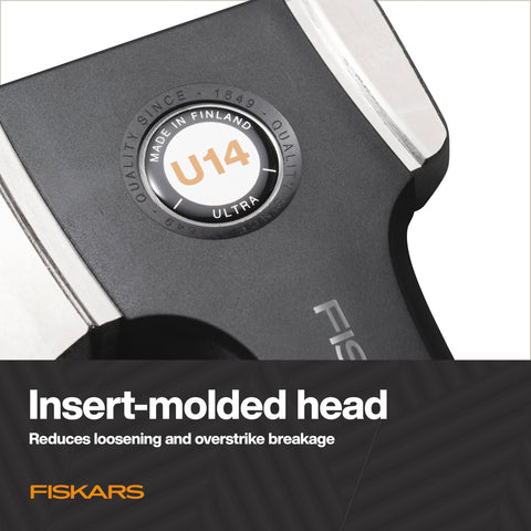 Fiskars Ultra Universal Axe U14 FiberComp shaft keeps strength light on hands.