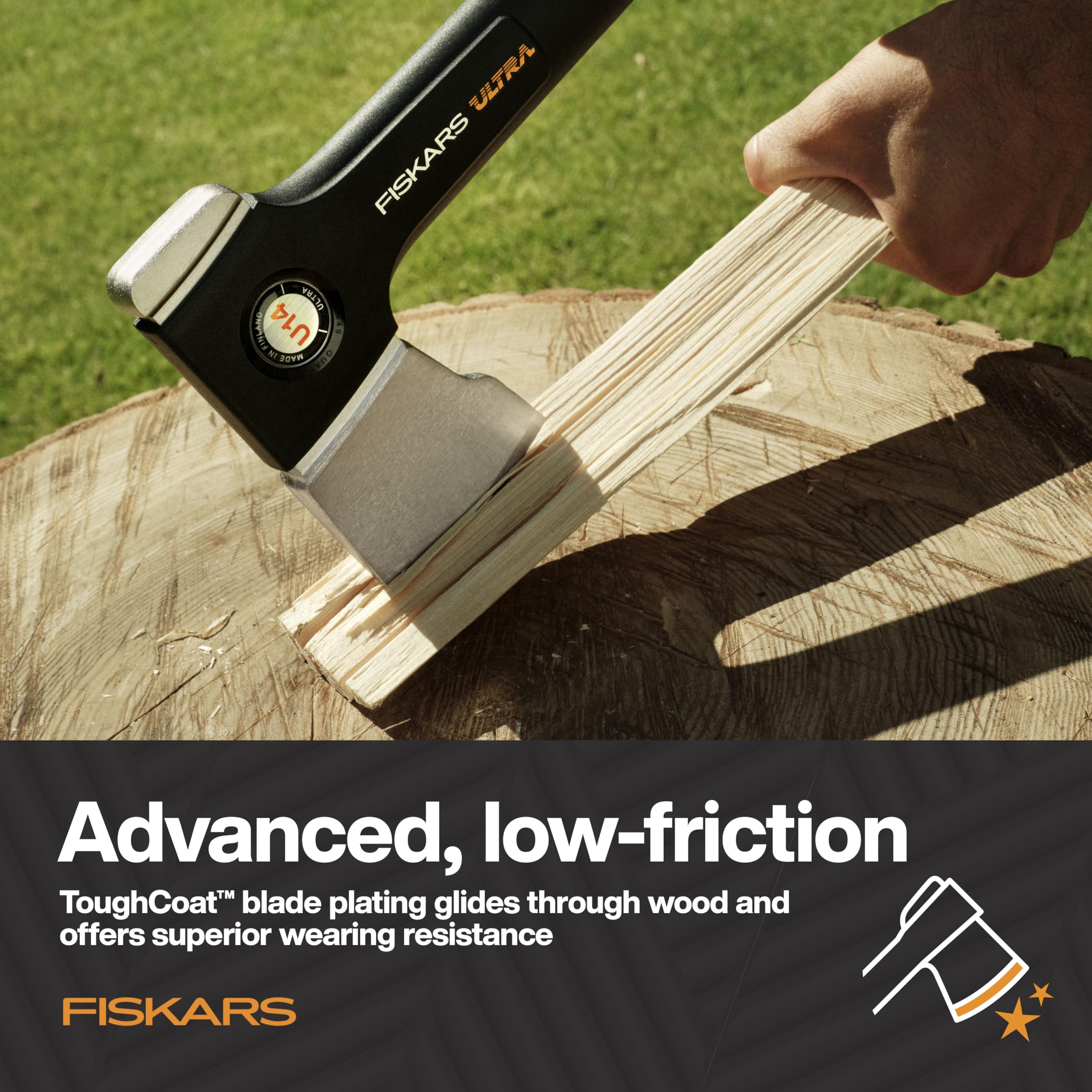 Fiskars Ultra Universal Axe U14 insert-molded head-to-shaft connection for durability.