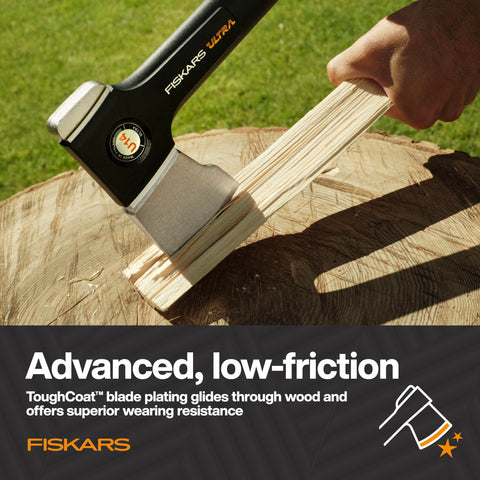 Fiskars Ultra Universal Axe U14 insert-molded head-to-shaft connection for durability.