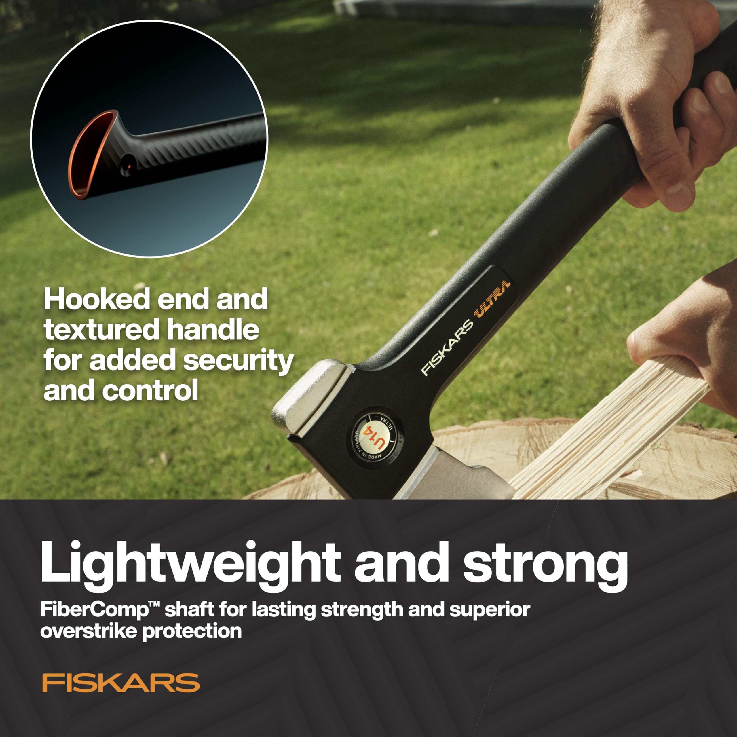 Fiskars Ultra Universal Axe U14 hooked end adds secure handling.