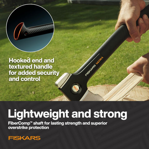 Fiskars Ultra Universal Axe U14 hooked end adds secure handling.