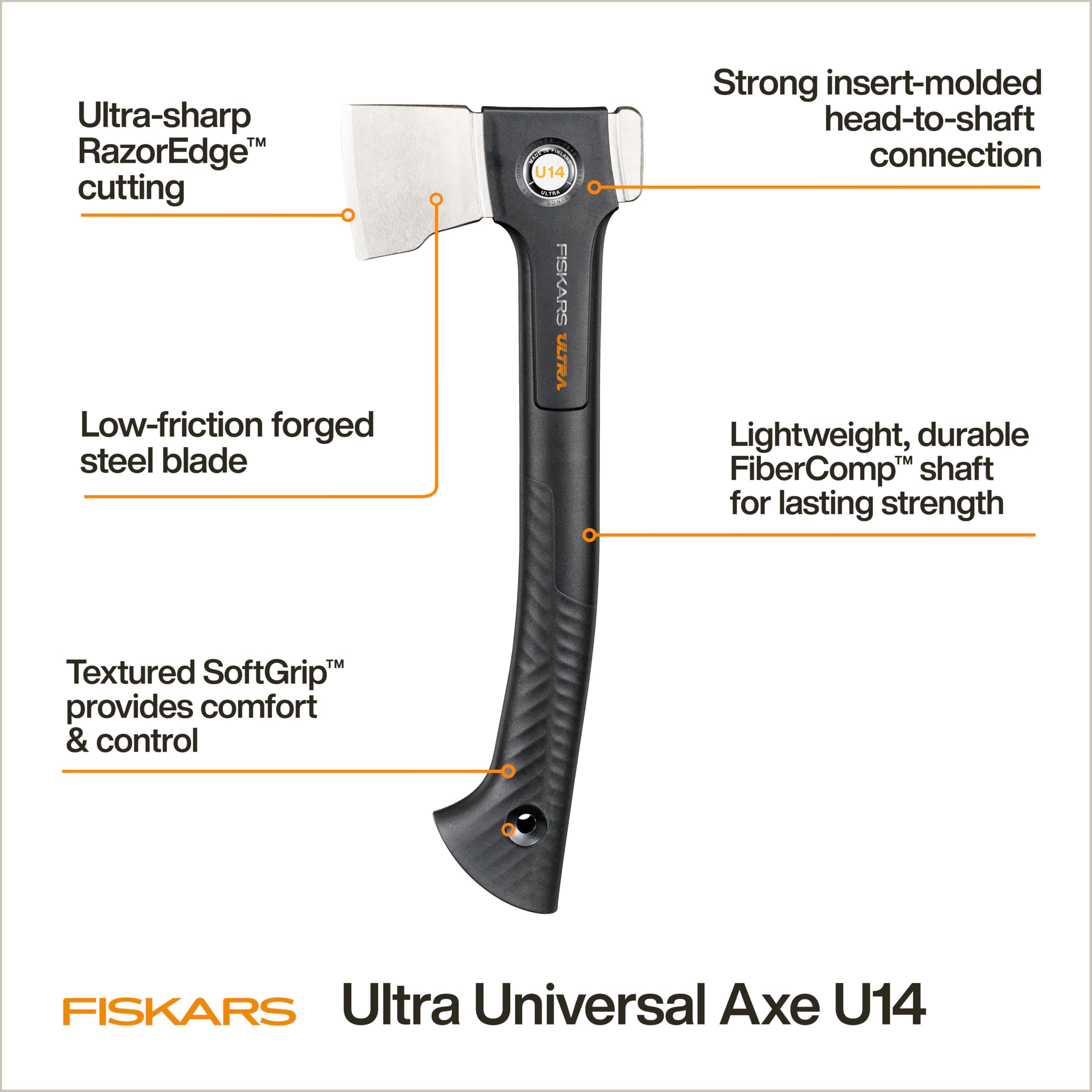 Fiskars Ultra Universal Axe U14 SoftGrip handle texture for comfortable, secure swings.