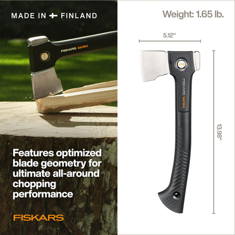 Fiskars Ultra Universal Axe U14 ToughCoat plating reduces friction and wear.