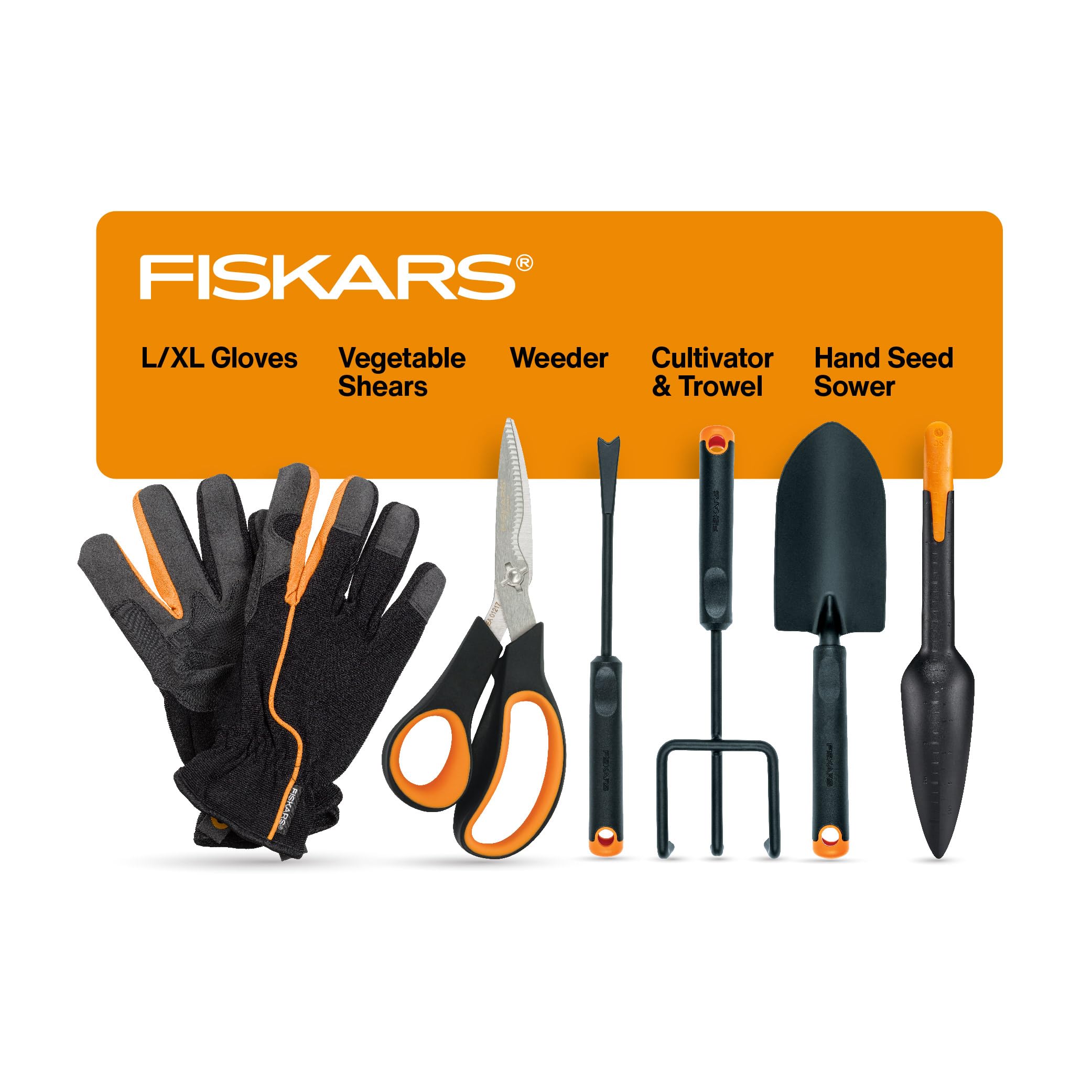 Fiskars Vegetable Gardening Essentials 6-piece set ready for garden preparation and harvest.