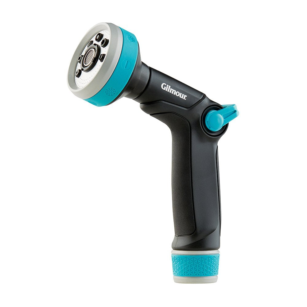 Fiskars watering nozzle with swivel connection for easy maneuvering and reduced hose twisting.