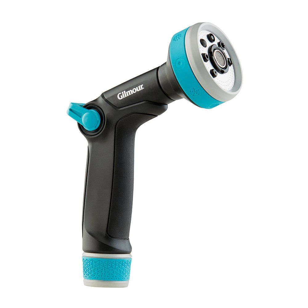 Fiskars nozzle shows thumb-control for precise on/off flow during watering.