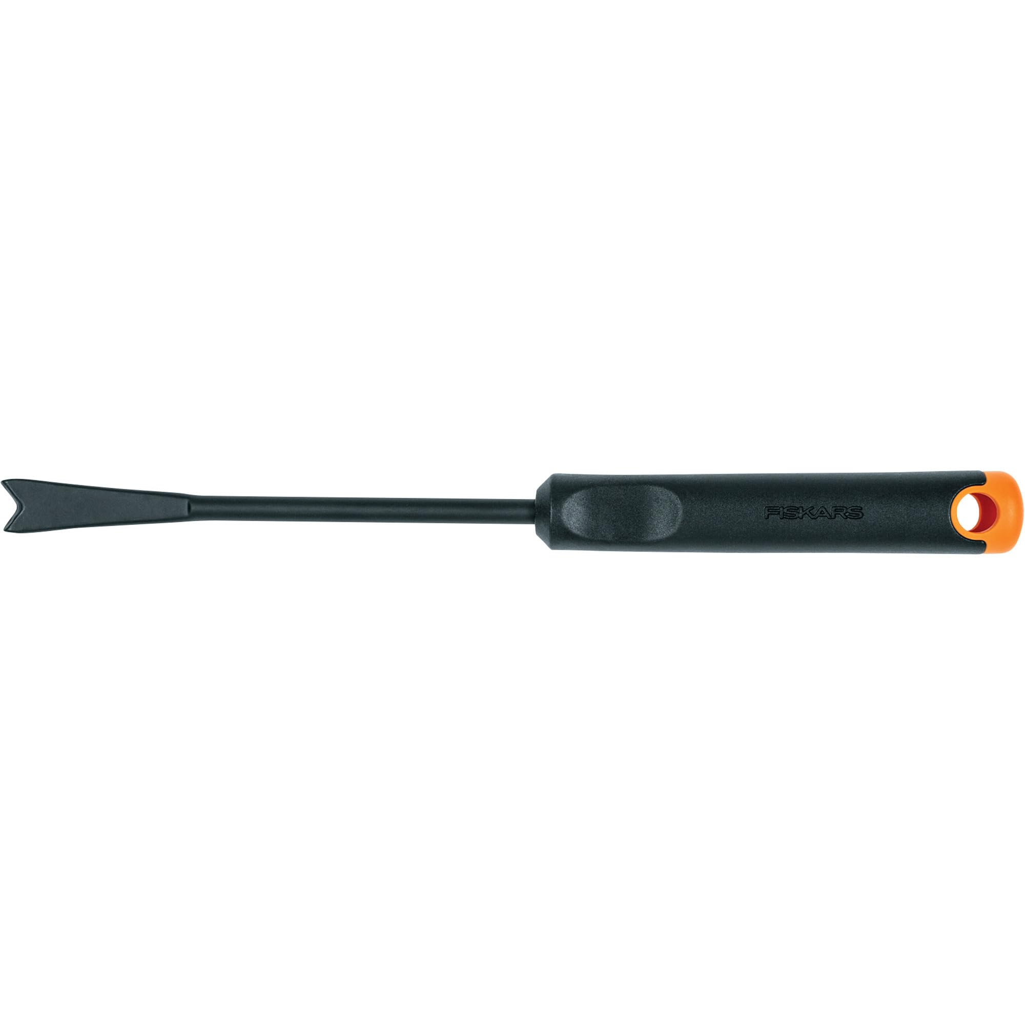Fiskars weeder W-Ergo handle showing fork-tip for root extraction.